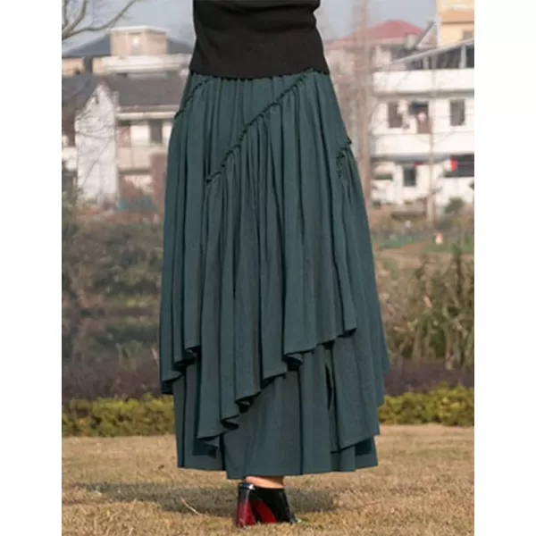 IDEALSANXUN Womens Elastic Waist Aline Cotton Lined Retro Maxi Hem Pleated Long SkirtsDark Green