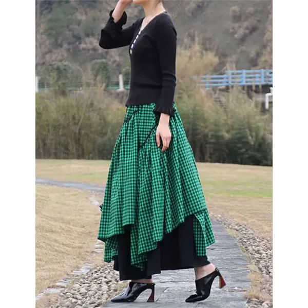 IDEALSANXUN Womens Elastic Waist Aline Cotton Lined Retro Maxi Hem Pleated Long SkirtsPlaid Green