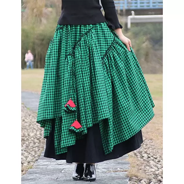IDEALSANXUN Womens Elastic Waist Aline Cotton Lined Retro Maxi Hem Pleated Long SkirtsPlaid Green