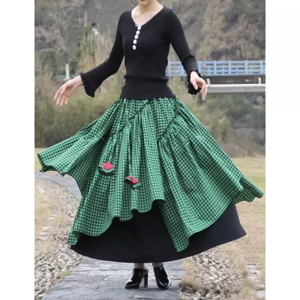 IDEALSANXUN Womens Elastic Waist Aline Cotton Lined Retro Maxi Hem Pleated Long SkirtsPlaid Green