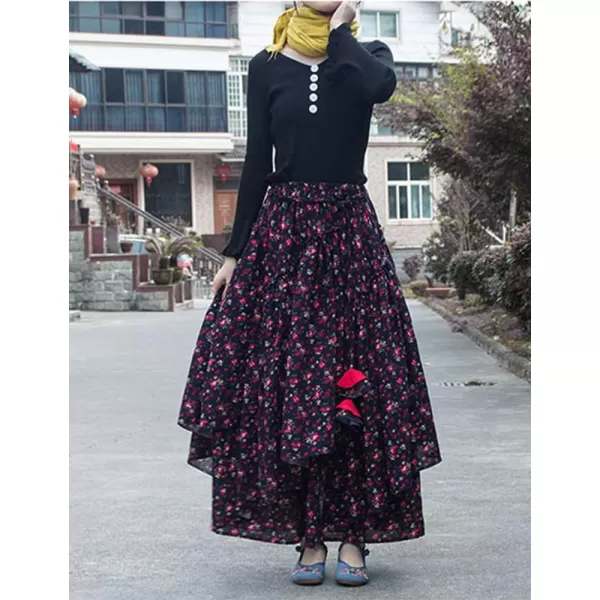 IDEALSANXUN Womens Elastic Waist Aline Cotton Lined Retro Maxi Hem Pleated Long SkirtsPrint 2
