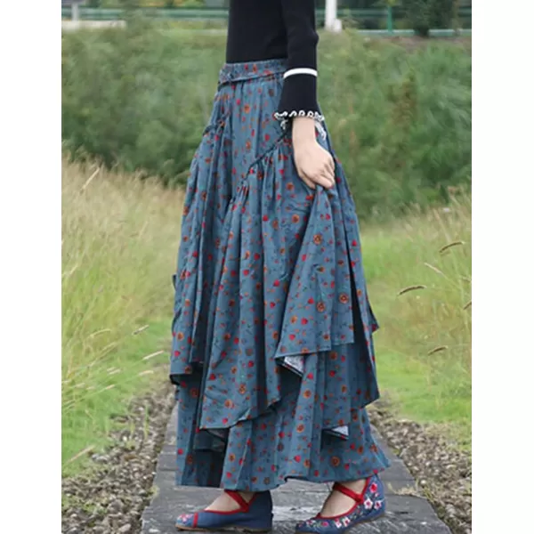 IDEALSANXUN Womens Elastic Waist Aline Cotton Lined Retro Maxi Hem Pleated Long SkirtsPrint 208