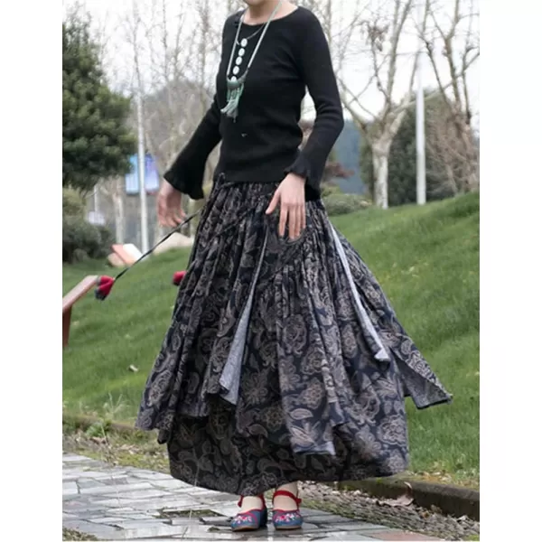 IDEALSANXUN Womens Elastic Waist Aline Cotton Lined Retro Maxi Hem Pleated Long SkirtsPrint 5