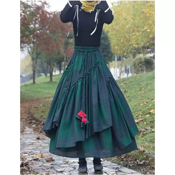 IDEALSANXUN Womens Elastic Waist Aline Cotton Lined Retro Maxi Hem Pleated Long SkirtsPrint 7