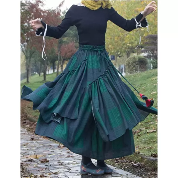 IDEALSANXUN Womens Elastic Waist Aline Cotton Lined Retro Maxi Hem Pleated Long SkirtsPrint 7