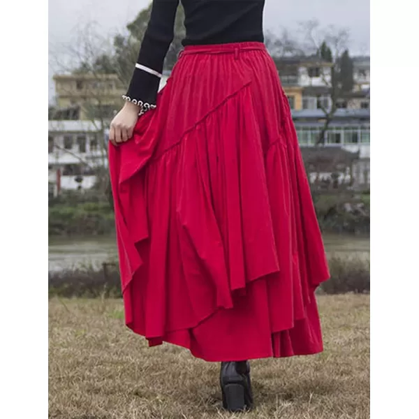 IDEALSANXUN Womens Elastic Waist Aline Cotton Lined Retro Maxi Hem Pleated Long SkirtsRed