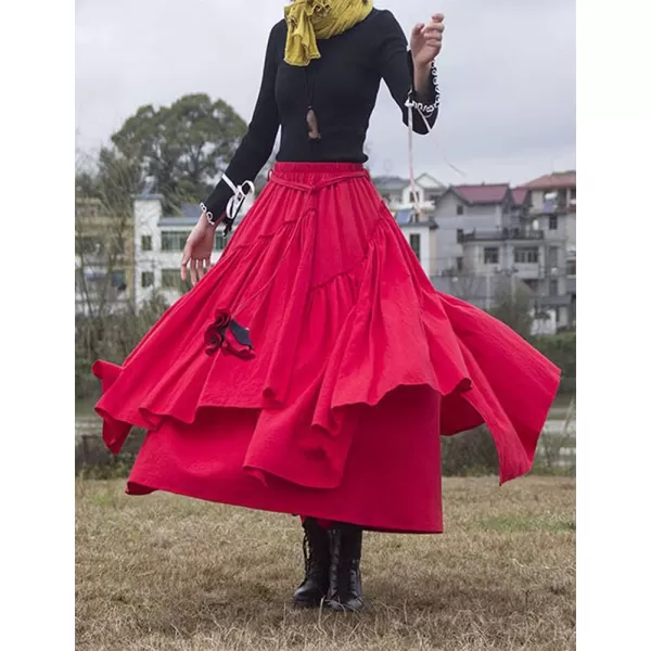 IDEALSANXUN Womens Elastic Waist Aline Cotton Lined Retro Maxi Hem Pleated Long SkirtsRed