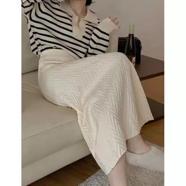 IDEALSANXUN Womens Fall Winter High Waisted Aline Pleated Midi Ribbed Knit Sweater SkirtsBeige 140083