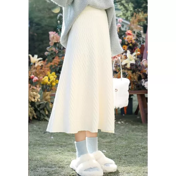 IDEALSANXUN Womens Fall Winter High Waisted Aline Pleated Midi Ribbed Knit Sweater SkirtsBeige 140083