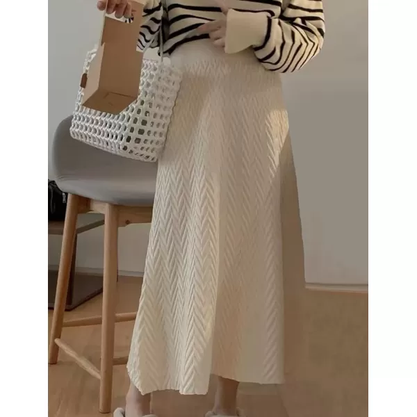 IDEALSANXUN Womens Fall Winter High Waisted Aline Pleated Midi Ribbed Knit Sweater SkirtsBeige 140083