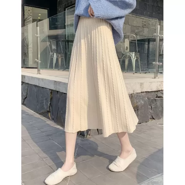 IDEALSANXUN Womens Fall Winter High Waisted Aline Pleated Midi Ribbed Knit Sweater SkirtsBeige 3447