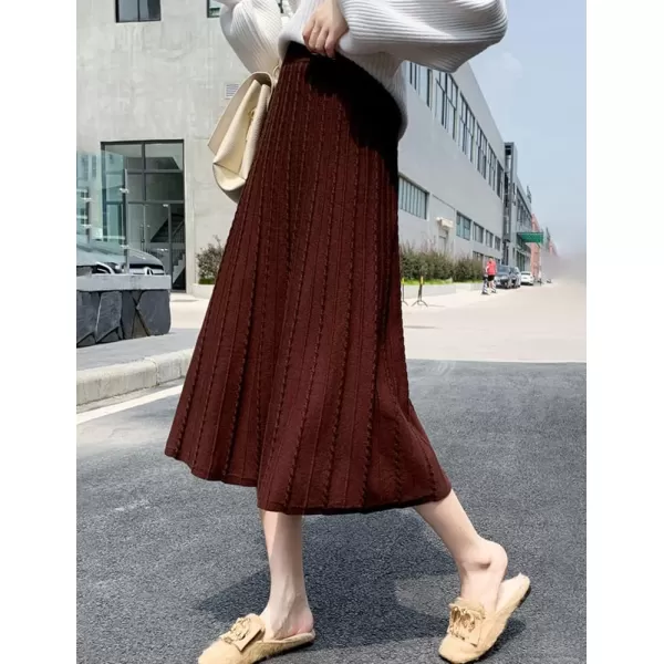 IDEALSANXUN Womens Fall Winter High Waisted Aline Pleated Midi Ribbed Knit Sweater SkirtsCoffee 3447