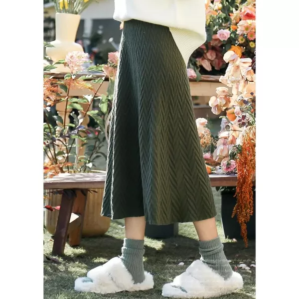 IDEALSANXUN Womens Fall Winter High Waisted Aline Pleated Midi Ribbed Knit Sweater SkirtsDark Green 140083