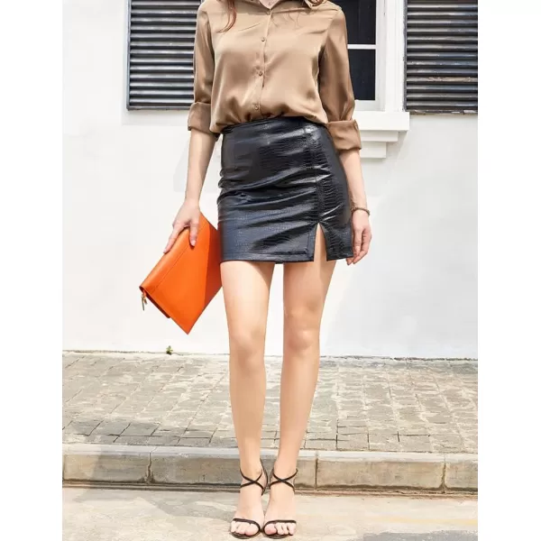 IDEALSANXUN Womens Faux Leather Skirt High Waisted PU Short Skirt Sexy Slit Bodycon Pencil Mini SkirtBlack