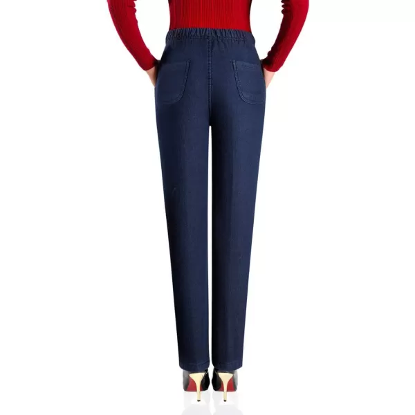 IDEALSANXUN Womens Fleece Lined Jeans Elastic Waist Loose Straight Leg Jeans2 Dark Blue