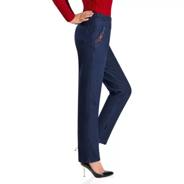 IDEALSANXUN Womens Fleece Lined Jeans Elastic Waist Loose Straight Leg Jeans2 Dark Blue