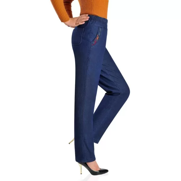 IDEALSANXUN Womens Fleece Lined Jeans Elastic Waist Loose Straight Leg Jeans2 Mid Blue