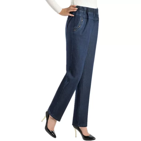 IDEALSANXUN Womens Fleece Lined Jeans Retro Elastic Waist Denim PantsRetro Blue