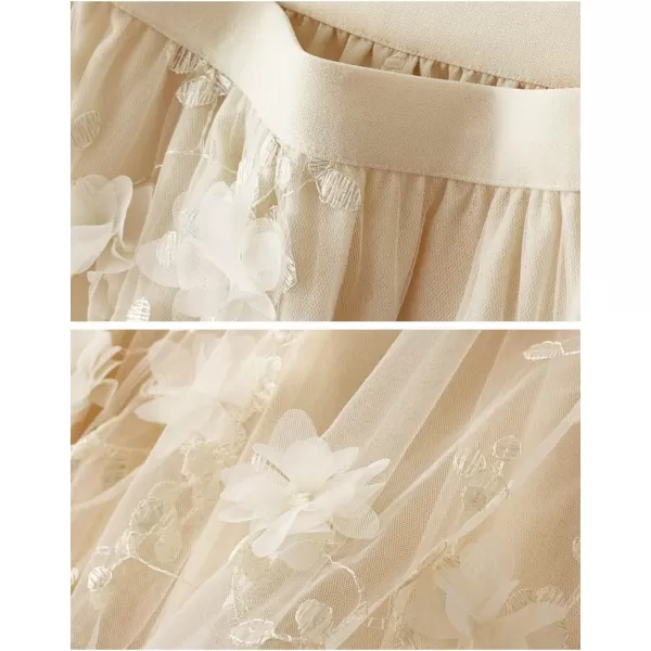 IDEALSANXUN Womens Floral Tulle Skirt Summer High Waisted ALine Layered Pleated Fairy Flowy Ruffle Mesh Beach Midi SkirtsApricot