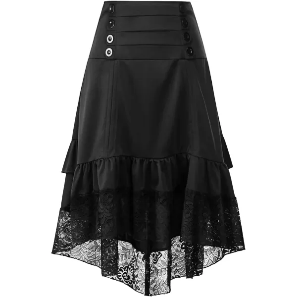 IDEALSANXUN Womens Gothic Steampunk High Low Long Skirts Buttons Lace Hem Renaissance Pirate SkirtsBlack