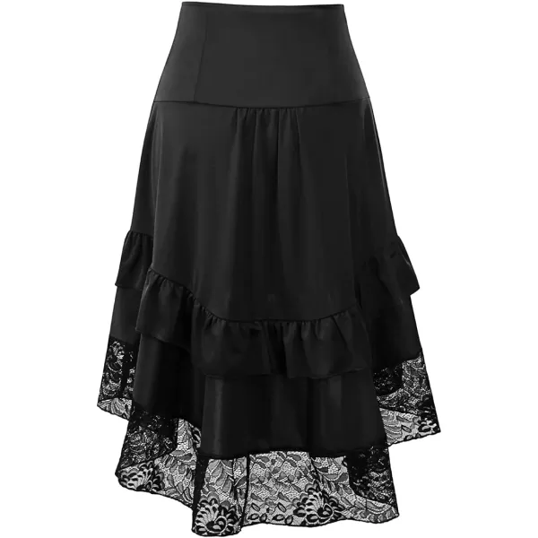 IDEALSANXUN Womens Gothic Steampunk High Low Long Skirts Buttons Lace Hem Renaissance Pirate SkirtsBlack