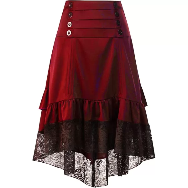 IDEALSANXUN Womens Gothic Steampunk High Low Long Skirts Buttons Lace Hem Renaissance Pirate SkirtsWine