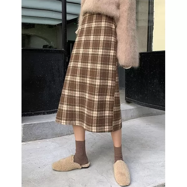 IDEALSANXUN Womens High Waist Aline Slim Fit Midi Plaid Wool SkirtsCoffee