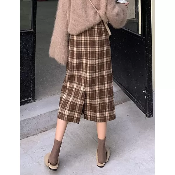 IDEALSANXUN Womens High Waist Aline Slim Fit Midi Plaid Wool SkirtsCoffee