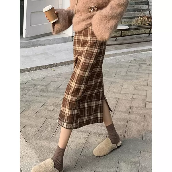 IDEALSANXUN Womens High Waist Aline Slim Fit Midi Plaid Wool SkirtsCoffee