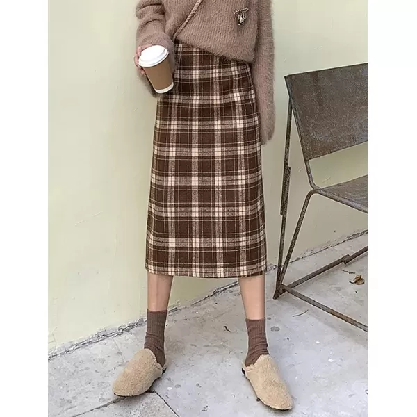 IDEALSANXUN Womens High Waist Aline Slim Fit Midi Plaid Wool SkirtsCoffee