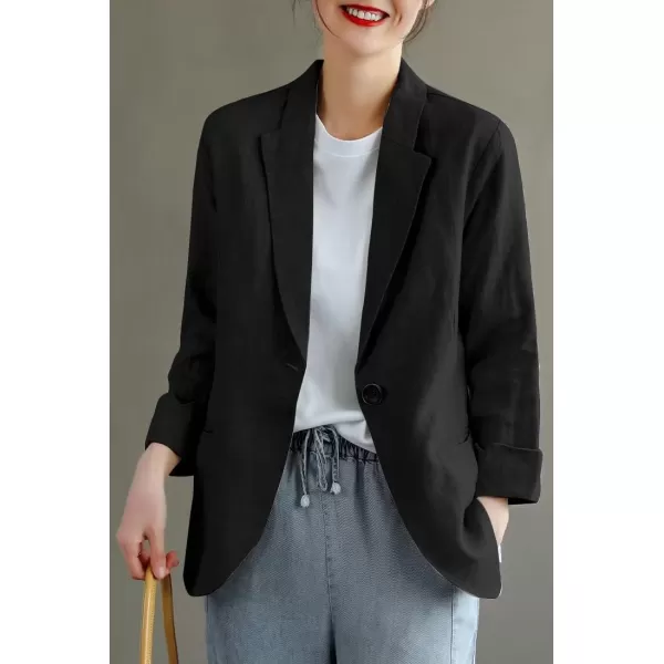 IDEALSANXUN Womens Linen Blazer Notch Lapel One Button Suit Coat JacketsBlack Blazer