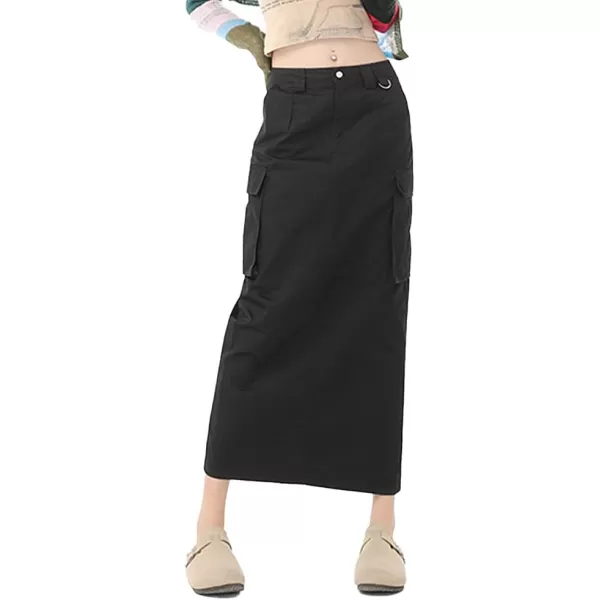 IDEALSANXUN Womens Long Cargo Skirts 2023 Fashion High Waisted Aline Grunge Y2k ClothingBlack