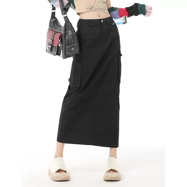 IDEALSANXUN Womens Long Cargo Skirts 2023 Fashion High Waisted Aline Grunge Y2k ClothingBlack