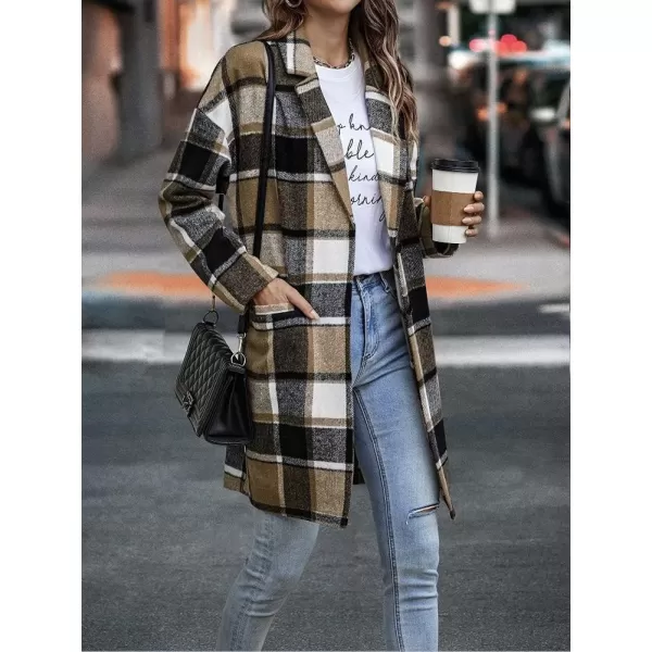 IDEALSANXUN Womens Long Plaid Wool Blazer Single Breasted Flannel Trench Coat JacketsBrown