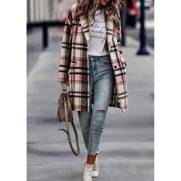 IDEALSANXUN Womens Long Plaid Wool Blazer Single Breasted Flannel Trench Coat JacketsPink