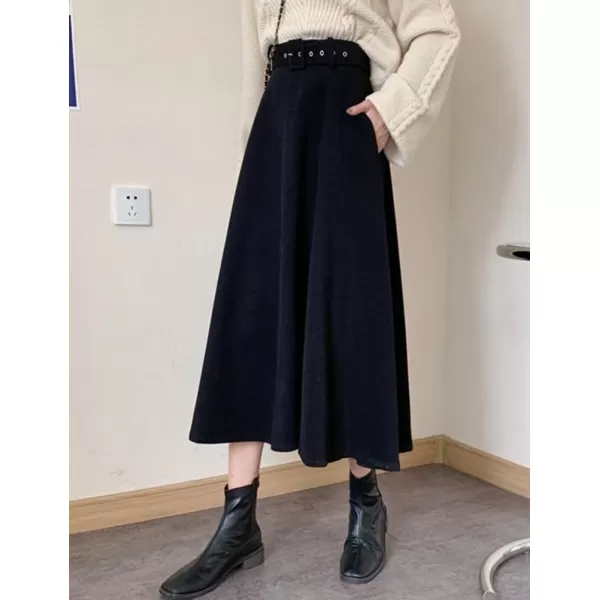 IDEALSANXUN Womens Long Wool Skirts Fall Winter Warm A Line Flared Pleated Skirt with BeltBlack