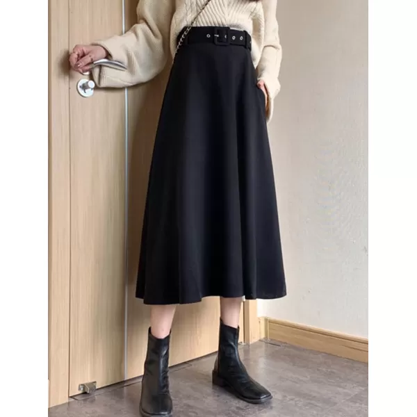 IDEALSANXUN Womens Long Wool Skirts Fall Winter Warm A Line Flared Pleated Skirt with BeltBlack