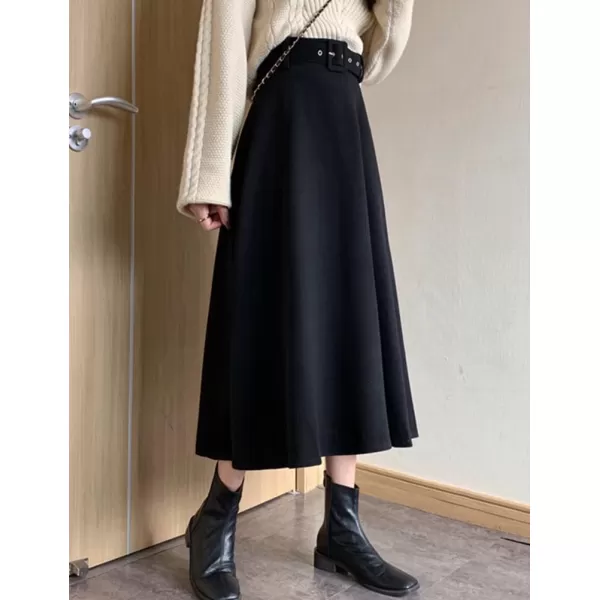 IDEALSANXUN Womens Long Wool Skirts Fall Winter Warm A Line Flared Pleated Skirt with BeltBlack