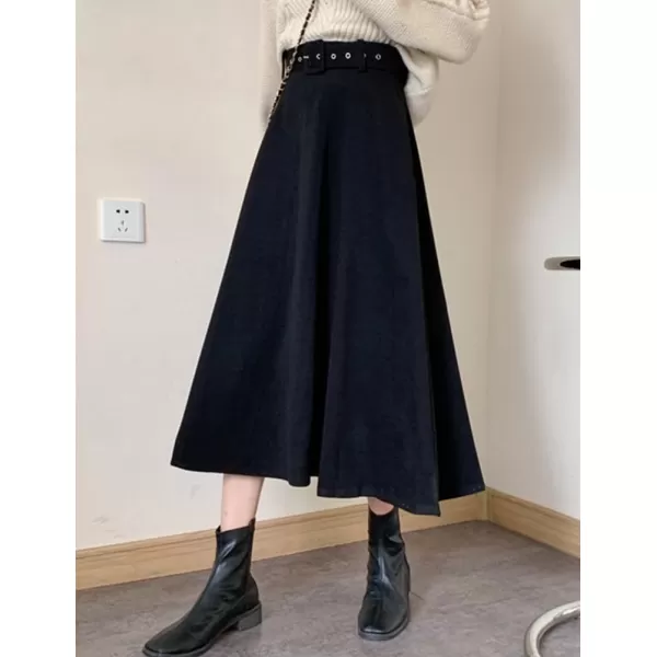 IDEALSANXUN Womens Long Wool Skirts Fall Winter Warm A Line Flared Pleated Skirt with BeltBlack