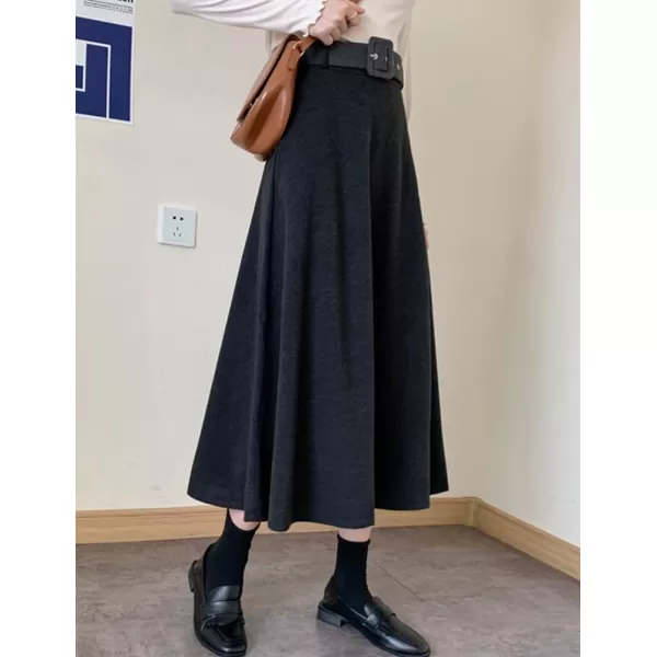 IDEALSANXUN Womens Long Wool Skirts Fall Winter Warm A Line Flared Pleated Skirt with BeltGrey