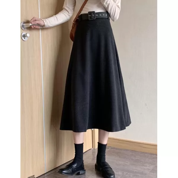 IDEALSANXUN Womens Long Wool Skirts Fall Winter Warm A Line Flared Pleated Skirt with BeltGrey