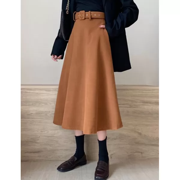 IDEALSANXUN Womens Long Wool Skirts Fall Winter Warm A Line Flared Pleated Skirt with BeltKhaki