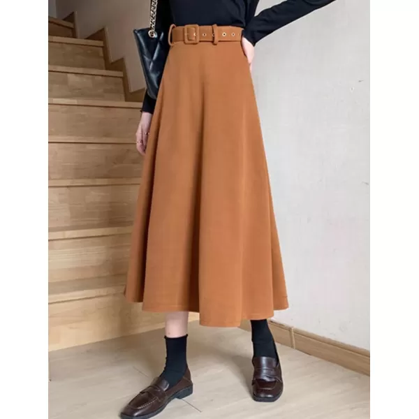 IDEALSANXUN Womens Long Wool Skirts Fall Winter Warm A Line Flared Pleated Skirt with BeltKhaki