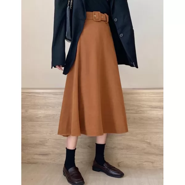 IDEALSANXUN Womens Long Wool Skirts Fall Winter Warm A Line Flared Pleated Skirt with BeltKhaki