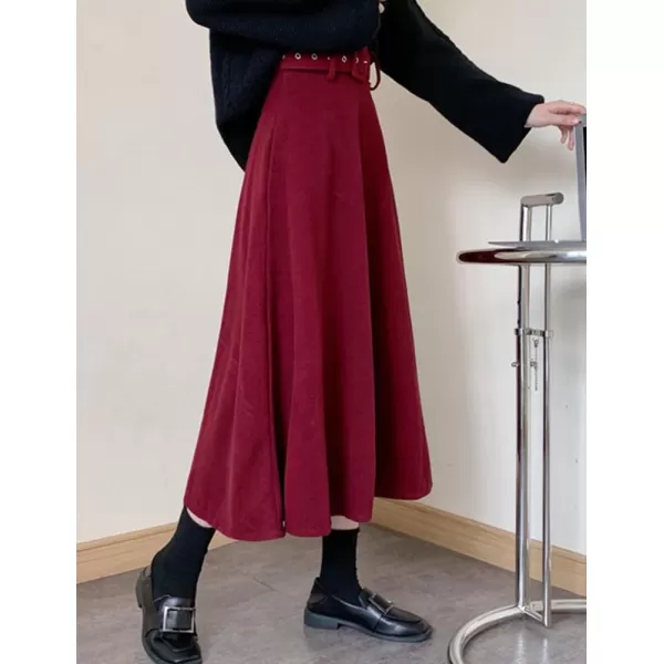 IDEALSANXUN Womens Long Wool Skirts Fall Winter Warm A Line Flared Pleated Skirt with BeltWine