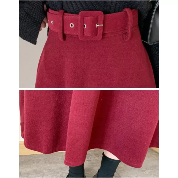 IDEALSANXUN Womens Long Wool Skirts Fall Winter Warm A Line Flared Pleated Skirt with BeltWine