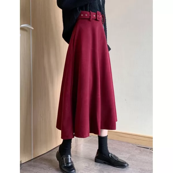 IDEALSANXUN Womens Long Wool Skirts Fall Winter Warm A Line Flared Pleated Skirt with BeltWine