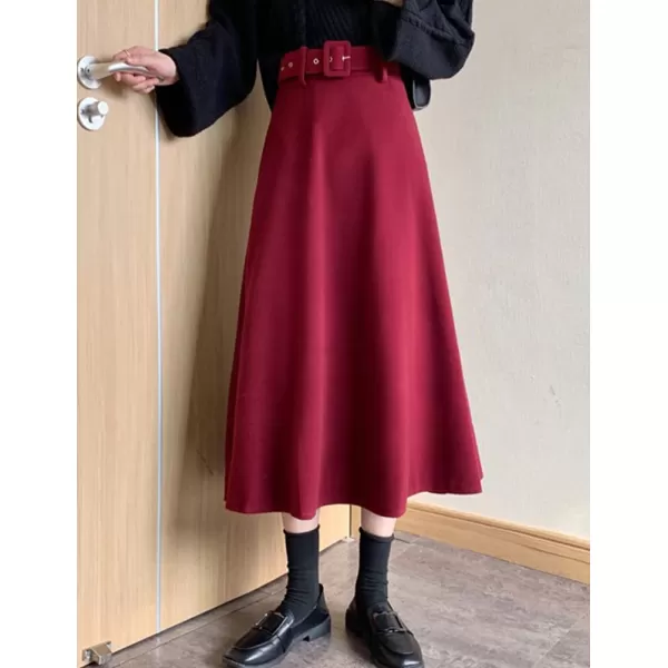 IDEALSANXUN Womens Long Wool Skirts Fall Winter Warm A Line Flared Pleated Skirt with BeltWine