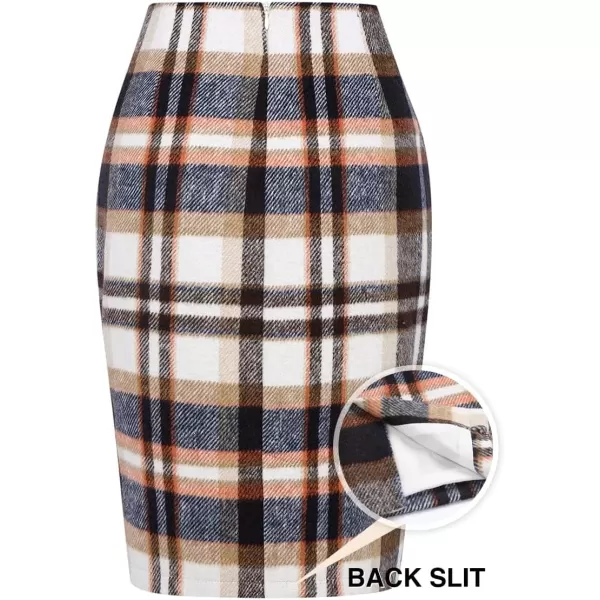 IDEALSANXUN Womens Plaid Pencil Skirts Fall Winter Double Button Knee Length Wool Skirt with Back SlitBrown