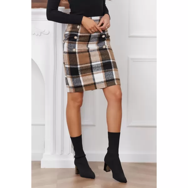 IDEALSANXUN Womens Plaid Pencil Skirts Fall Winter Double Button Knee Length Wool Skirt with Back SlitBrown New